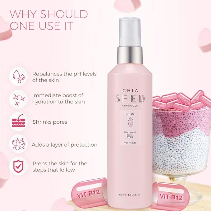 THE FACE SHOP Chia Seed Hydro Hydrating Mist | Mild Soothing Watery Mist with Instant Hydration & Soothes on Irritated Skin | Formulated for Intense, Upgraded & Hydrating Care, 5.5 Fl Oz