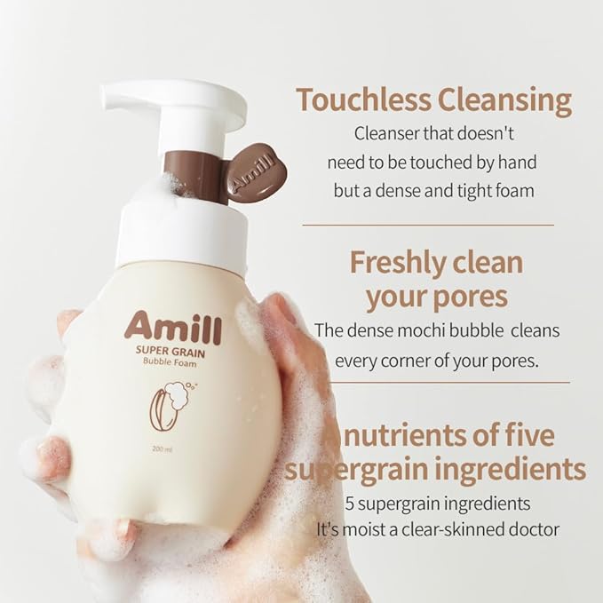 Amill Super Grain Bubble Foam (200ml/6.76fl.oz) - Curelty Free, Gentle Micro‑bubble Facial Cleanser with Multi‑Grain Extracts for Hydrated, Soft Skin