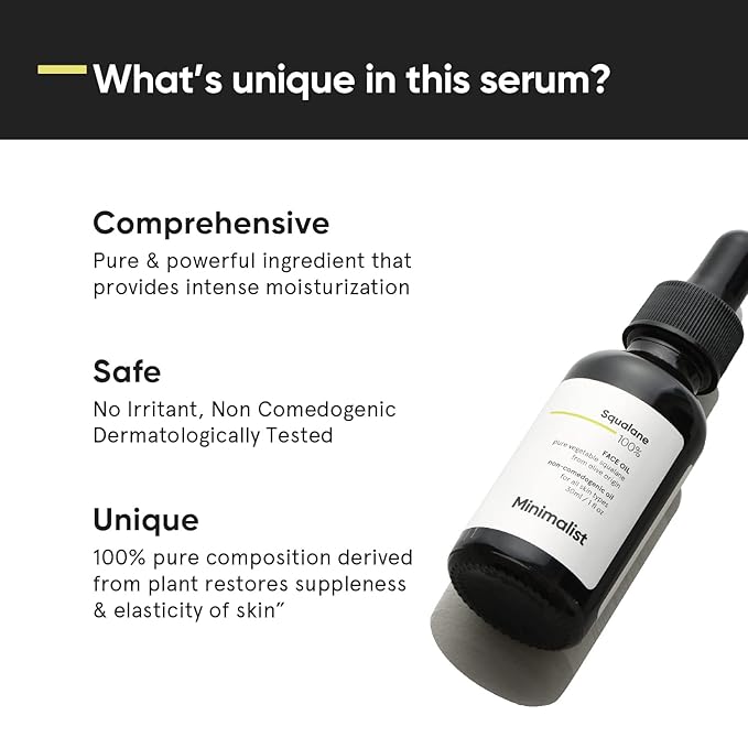 Minimalist Squalane 100% (Plant Derived) Face Oil for Moisturization | Improves Skin Hydration & Reduces Fine Lines | Restores Suppleness, Firmness & Elasticity of Skin | 1 Fl Oz / 30 ml