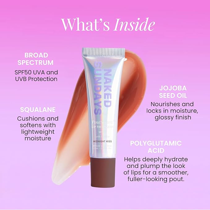 Naked Sundays Poutscreen SPF 50 Lip Treatment – Hydrating Lip Balm with Broad Spectrum, Glossy Non-Sticky Finish, Nourishing Lip Care with Peptides for Protected Lips - 15ml (Midnight Kiss)