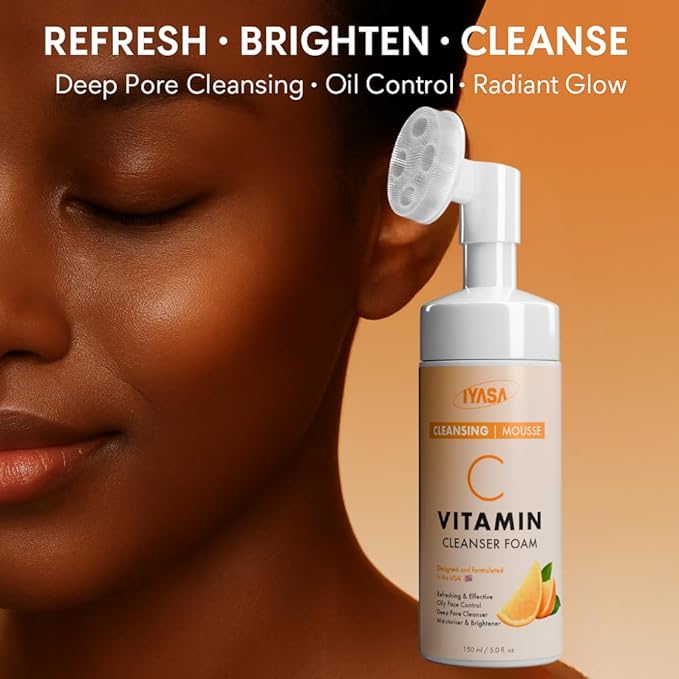 IYASA Vitamin C Foaming Face Cleanser – Gentle Daily Mousse With Amino Acids & Coconut Cleanser – Helps Remove Impurities & Supports Smoother-Feeling Skin – Suitable for Melanin-Rich Skin – 150 ml