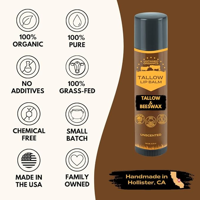 Untamed Organics Pure Tallow Lip Balm | 100% Grass-Fed Beef Tallow and Organic Beeswax | Moisturizing Lip Care for Dry, Chapped Lips | Hypoallergenic, Fragrance-Free | Handcrafted in USA | 4-Pack