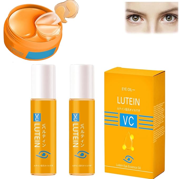 Vc Anti-Wrinkle Eye Serum Oil, Lutein Eye Essence Oil, 5 Collagen Vitalizing Hydrogel Eye Patch and VC Rollerball Set for Dark Circles and Puffy Eyes, Firming Anti-Aging, for Women & Men (2)