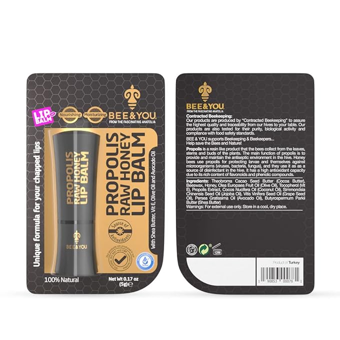 Bee and You 100% Natural Moisturizing Lip Balm, Chapped Lips Treatment Severe, Beeswax with Propolis Extract, Raw Honey, Vitamin E, Shea Butter, Non GMO, Gluten Free, 5g