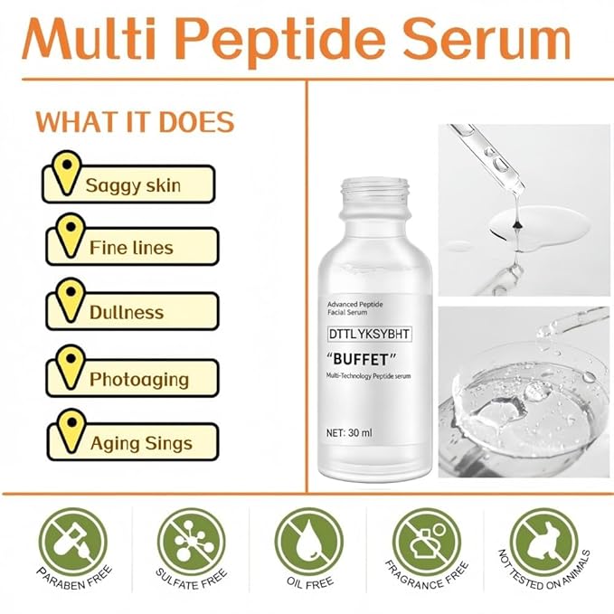 Buffet Multi-Technology Peptide Facial Serum, Peptide Serum Containing Hyaluronic Acid and Amino Acids, Suitable for Anti-aging, Firming Skin, Moisturizing, Polypeptide Facial Serum, 30ML/1FI OZ