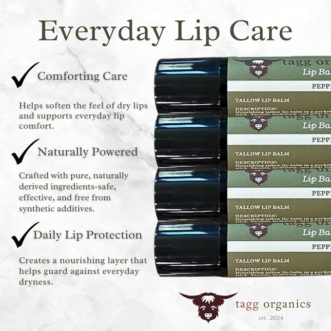 Peppermint Tallow Lip Balm – Moisturizing Lip Care with Grass-Fed Tallow, Natural Beeswax & Essential Oils, 4 Pack (.15 oz)
