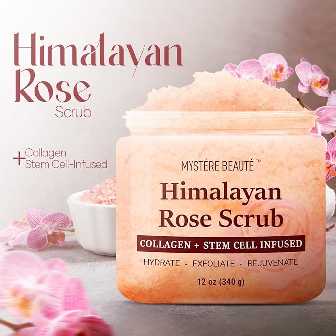 MYSTÉRE BEAUTÉ Himalayan Salt Body Scrub Twin Pack (12 oz x 2) - with Collagen, Rose Oil & Stem Cells - Exfoliating Scrub for Cellulite, Acne & Stretch Marks - Natural Skin Care Gift Set