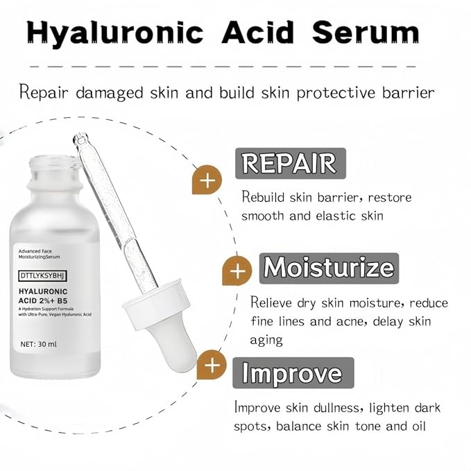 2% Hyaluronic Acid +B5 (Vitamin) Serum for Face - Hydrating & Plumping Skin Care, Anti-Aging, Moisturizing Treatment for Dry Skin, Vegan, Fragrance-Free, 1 fl oz