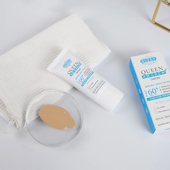 QUEEN AM GLOW | TINTED SunScreen SPF 60 PA+++Primer-Face Moisturizer- Vitamin B3, B5, E- Non-Greasy, Silky Touch-oil free, fragrance free by QUEEN NATURAL NEW YORK (Pack of 2)