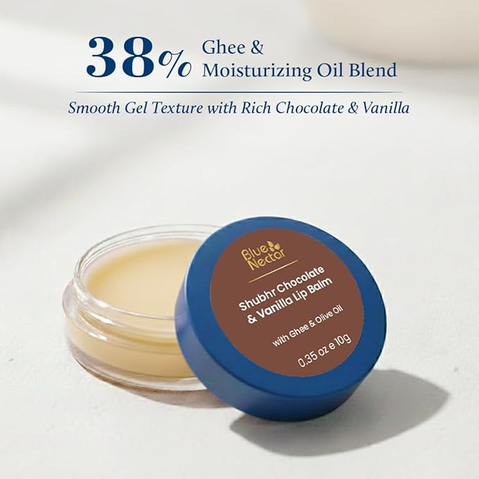 Blue Nectar Natural Lip Balm Chocolate & Vanilla with Organic Ghee for Dry Lips | Herbal Ayurvedic Hydrating Lip Gloss for Women (0.35 oz, 12 Herbs)