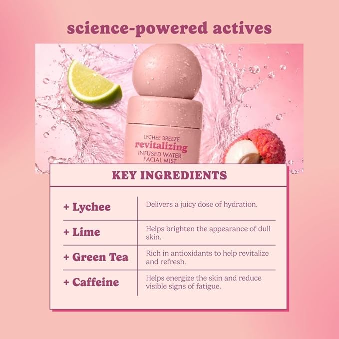 ESW Beauty Lychee Breeze Facial Mist - Hydrating Face Mist - Makeup Primer & Setting Spray - Scented Face Toner with Lychee Water, Lime, Green Tea & Caffeine 3.4oz