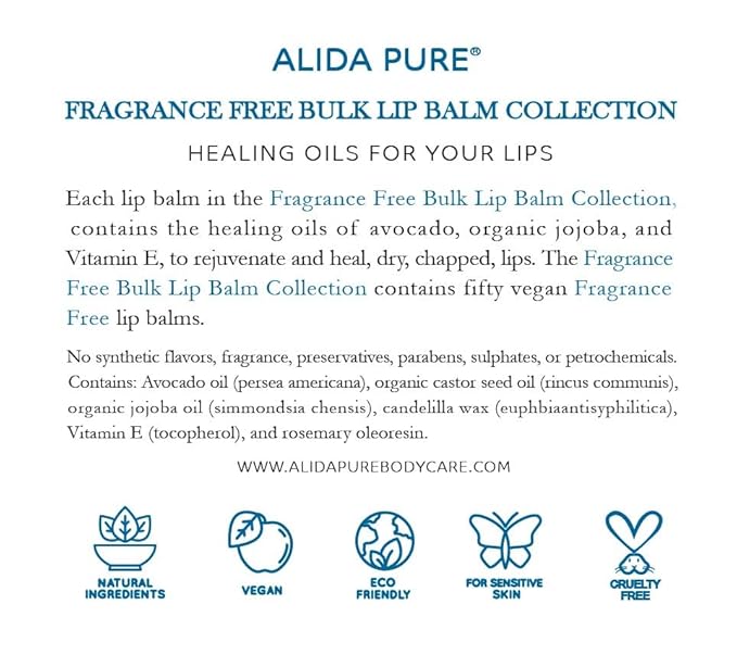 Fragrance Free 50 Tube Lip Balm Collection, Unscented, Vegan, Bees Wax Free, Coconut Oil Free, with Organic Jojoba and Avocado Oil, Vitamin E, For Dry, Chapped, or Cracked Lips, 50 Tubes