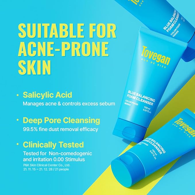Blue Balancing Foam Cleanser | Acne-Relief Face Wash | Soft Dense Microbubble Foam | Blue Food Complex | Gentle Daily Cleanser 5.07 fl oz
