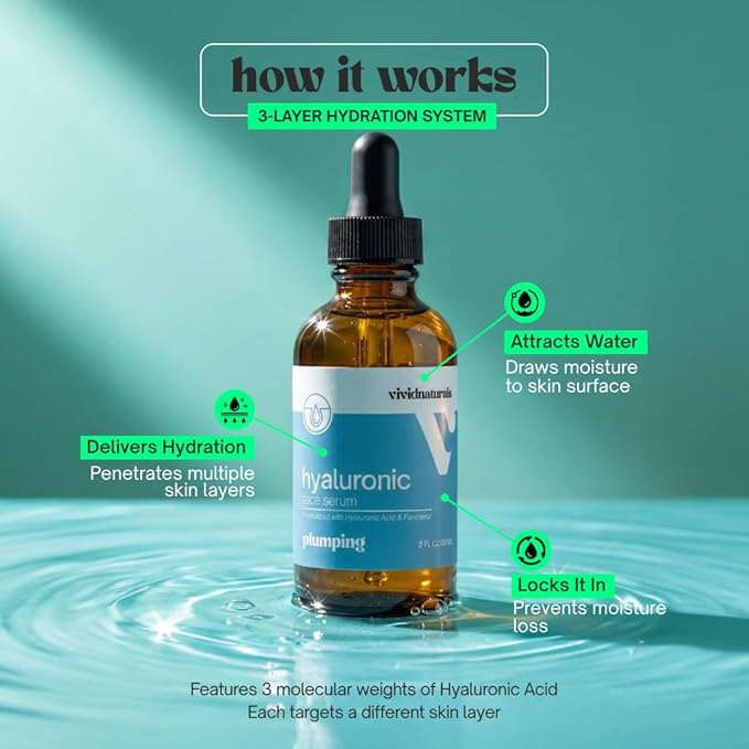 Hyaluronic Acid Serum for Face Made in USA 60 ml - Lightweight, Non-Greasy Hyaluronic Serum with Panthenol Vitamin B5 for All Skin Types Hydrating Skin Care Anti Aging Plupming Skincare