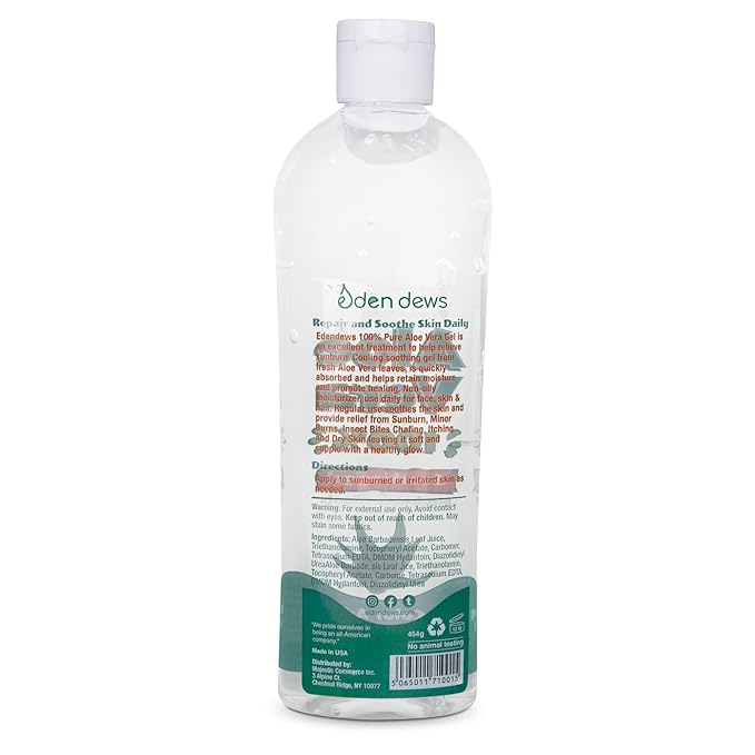 Eden Dews Organic Aloe Vera Gel 100% Pure, Moisturizing, Face Skin & Hair Care, Hydrating & Soothing for Dry Skin, Made in USA, Unscented, 16 oz, 2-Pack