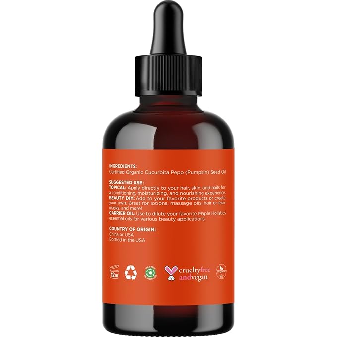 Maple Holistics Pumpkin Seed Oil Organic Certified - 100% Pure Organic Pumpkin Seed Oil for Hair and Anti Aging Face Oil - USDA Organic for Dry Hair and Volume - Virgin Cold Pressed & Unrefined (4oz)