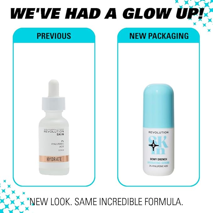 Revolution Skin, Dewy Drench 2% Hyaluronic Acid Hydrating Face Serum, Lightweight Formula & Plumps Skin, Vegan & Cruelty-Free, 1.01 fl oz