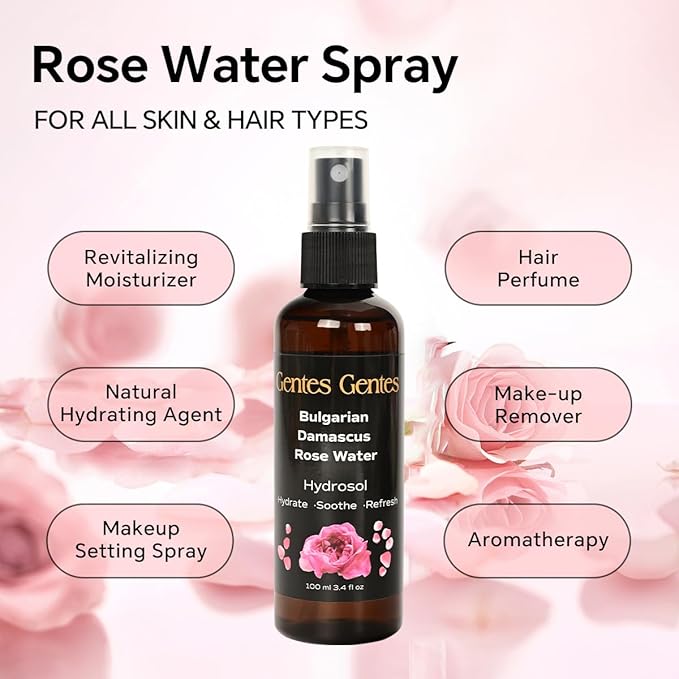 100% Pure Bulgarian Damascus Rose Water Hydrosol – Luxury Facial Toner for Hydration & Radiant Skin, Body Mist & Pillow Spray | Natural Skincare | 3.4 fl oz