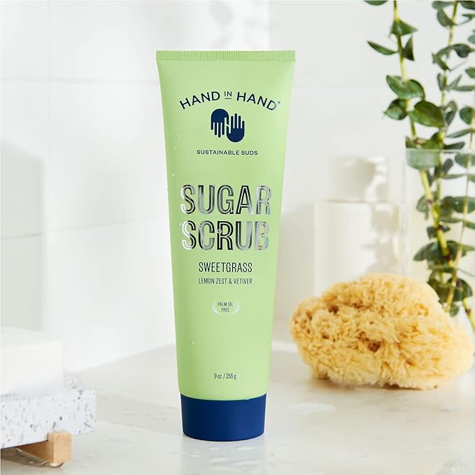 Hand in Hand Sugar Scrub, Gentle Exfoliation For All Skin Types, 9 Ounce, Lemon Zest & Vetiver, Sweetgrass Scent, Single