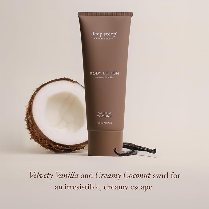 Deep Steep Body Lotion, Vanilla Coconut, 8 oz – Moisturizer with Coconut Oil, Shea Butter, Argan Oil, Aloe Vera & Niacinamide – Vegan, Clean Beauty, Daily Skin Hydration