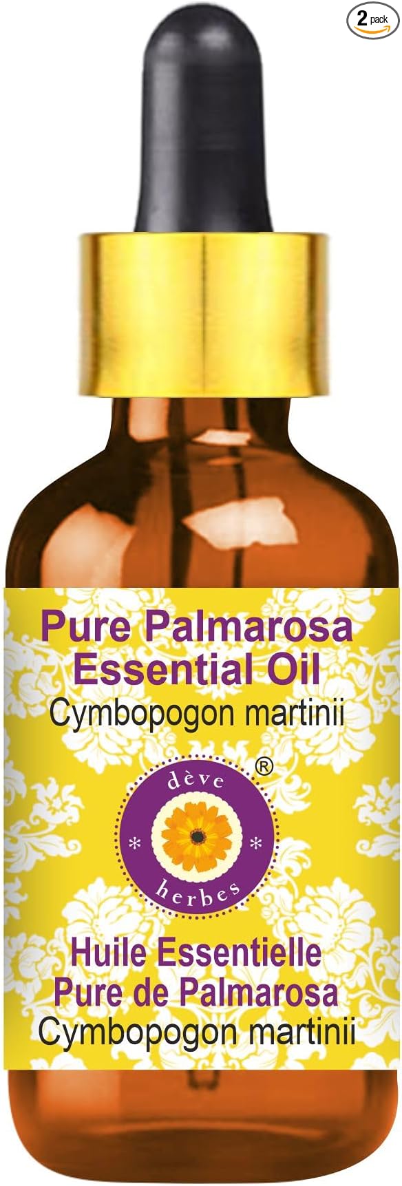 Deve Herbes Pure Palmarosa Essential Oil (Cymbopogon martinii) with Glass Dropper Steam Distilled 10ml (0.33 oz)