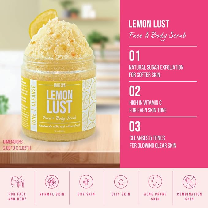 Mojo Spa Lemon Lust Face and Body Scrub | Lemon Citrus Scent | Moisturizing Sugar Based Exfoliator | 10 oz