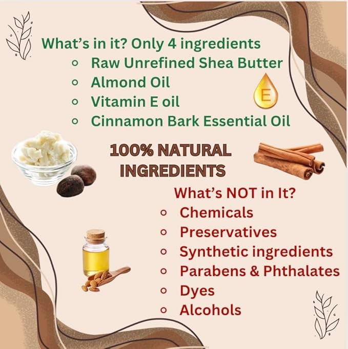 Shea Body Butter for Dry skin, Lightweight, Long lasting, Hint of Cinnamon, Deeply Moisturizing, restore dry skin with 4 All Natural ingredients, Nontoxic, Winter skincare