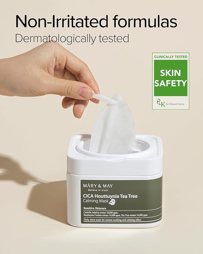 Mary&May CICA Houttuynia Tea Tree Calming Mask - Daily Pull Out Sheet Mask for Instant Soothing & Moisturizing - Korean Skincare, Hypoallergenic and Cruelty-Free, 30 Sheets