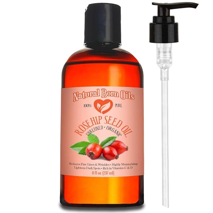 Natural Born Oils Rosehip Seed Oil, 8oz, Organic, Cold-Pressed, Rich in Essential Fatty Acids, Ideal for Moisturizing Skin, Strengthening Hair