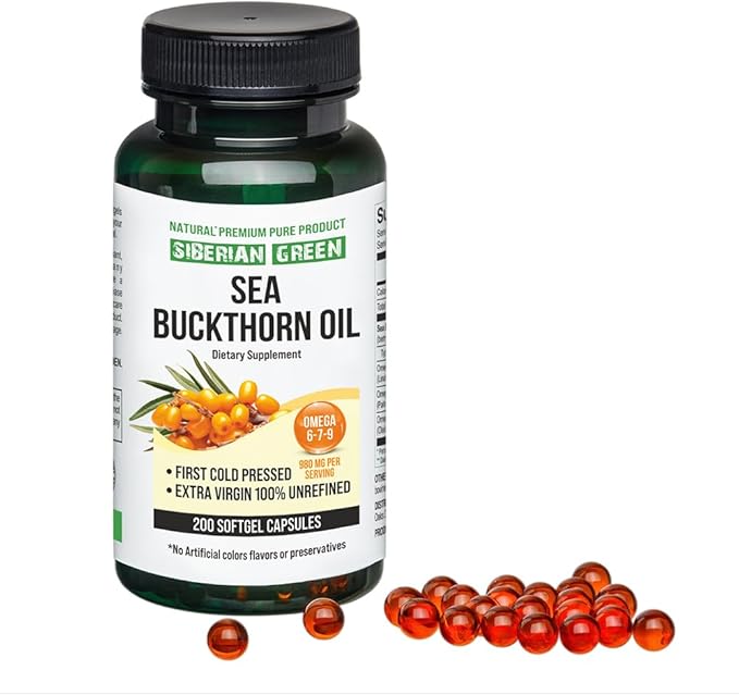 Siberian Sea Buckthorn Oil Capsules 200 Softgels | from Wild-harvested Siberian Sea Buckthorn Berries | Oil Cold Pressed Unrefined Gluten Free Non-GMO Premium Omega 7