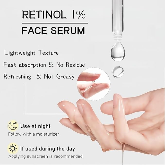 1% Pure Retinol Serum with Squalane Base - Gentle Anti-Aging Facial | Targets Wrinkles, Fine Lines & Uneven Texture | Soothes While Firming for Smooth Youthful Complexion - 30ml