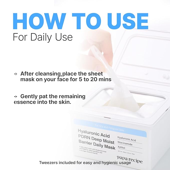 Papa Recipe Hyaluronic Acid PDRN Deep Moist Barrier Daily Mask (30 Sheets) - Korean Skin Revitalizing Facial Masks, Anti-aging - Soothing, Calming & Hydrating Face Skin, Sensitive Skin-friendly