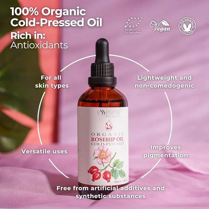 Essences Bulgaria Organic Rosehip Oil 3.4 Fl Oz | 100ml | 100% Natural Cold-Pressed Oil | Therapeutic Quality | Family Owned Farm | Massage Base Oil | Natural Moisturizer | Ideal Carrier Oil