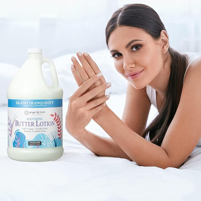Ginger Lily Farms Botanicals Soothing Butter Lotion for Dry Skin, Island Tranquility, 100% Vegan & Cruelty-Free, Green Tea Lemongrass Scent, 1 Gallon (Pack of 4)