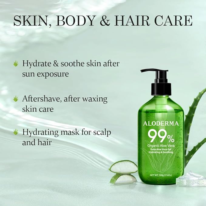 Aloderma Aloe Vera Gel - Large 17.6oz Value Pump - Made within 12 Hours of Harvest with 99% Organic Aloe Vera, Lightweight, Non-Sticky for Sunburns, Natural, Soothing Aloe Vera for Face & Hair, 6-Pack