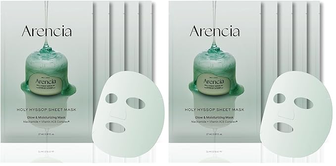 ARENCIA Hyssop Glow Sheet Mask, 10 Pack, Hydrating, Glowing, Boosting, Repairing for younger looking skin with Vitamin A,C,E