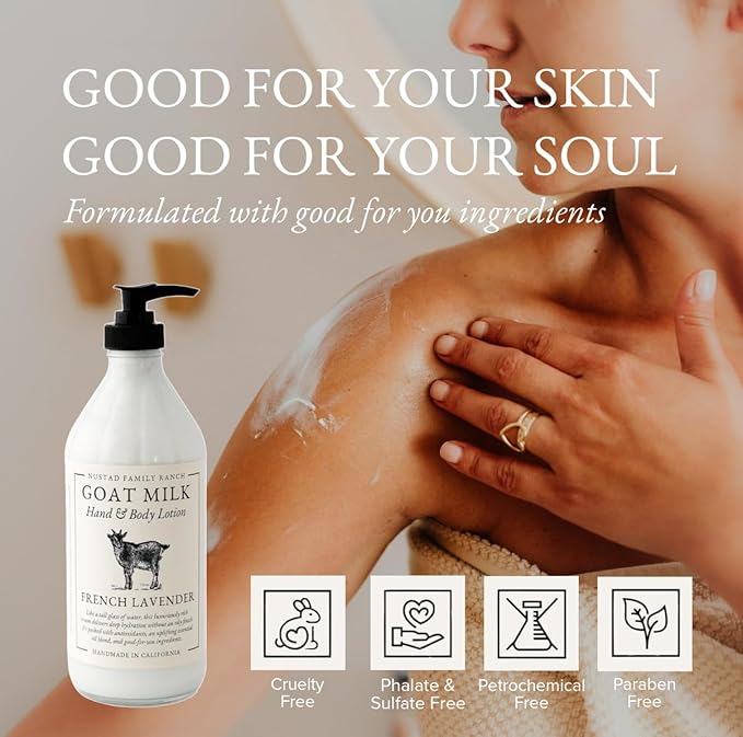 Goat Milk Lotion for Dry, Sensitive Skin – French Lavender Natural Body Moisturizer for Face, Hands & Body – Hydrating Non-Greasy Cream – Handmade in USA with Clean Ingredients 16oz
