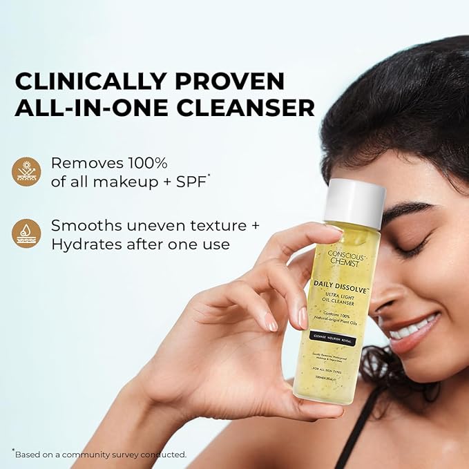 Conscious Chemist Makeup Remover & Oil Cleanser | 130ml | Face Wash & Cleanser for Oily Skin | Removes Waterproof Makeup, Blackheads & Whiteheads | Soft & Clear Skin - Daily Dissolve