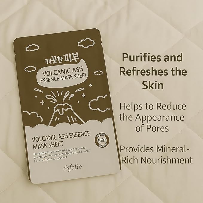 esfolio Volcanic Ash Face Mask – Deep Cleansing Korean Sheet Mask for Pore Care, Oil Control, Acne-Prone & Oily Skin – Hydrating & Purifying Skincare for Clear, Radiant Complexion (Pack of 10)