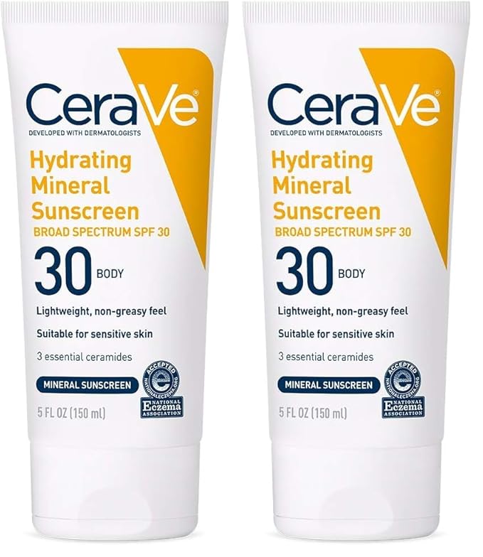CeraVe 100% Mineral Sunscreen SPF 30 with Zinc Oxide & Titanium Dioxide,Hyaluronic Acid & Ceramides,Oil Free,Non-Greasy,Hydrating Mineral Sunscreen For Body,5 oz,(Pack of 2)