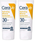 CeraVe 100% Mineral Sunscreen SPF 30 with Zinc Oxide & Titanium Dioxide,Hyaluronic Acid & Ceramides,Oil Free,Non-Greasy,Hydrating Mineral Sunscreen For Body,5 oz,(Pack of 2)