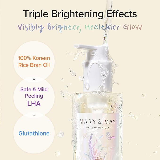 Mary&May Rice + Glutathione LHA Cleansing Oil – Korean Oil Cleanser for Blackheads & Pores, Waterproof Makeup & Sunscreen Remover, Oil-to-Milk Emulsifying, Exfoliation for Sensitive Skin 6.76 fl oz