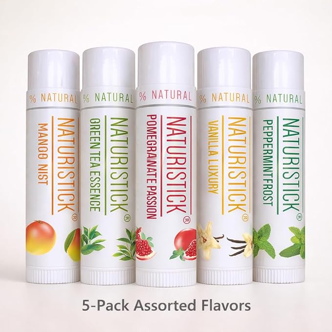 Naturistick Natural Beeswax Lip Balm 5-Pack | Assorted Flavors | Moisturizing Lip Care | 0.15 oz Tubes