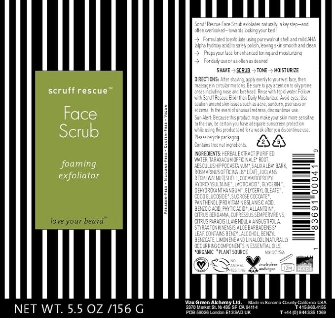 MGA Vegan Face Scrub - Scruff Rescue Face Scrub, Daily Exfoliator & Wash for Deep Cleaning | Prevents Blackheads & Ingrown Hairs | pH Balanced Walnut Shell Microdermabrasion | 5.5 oz