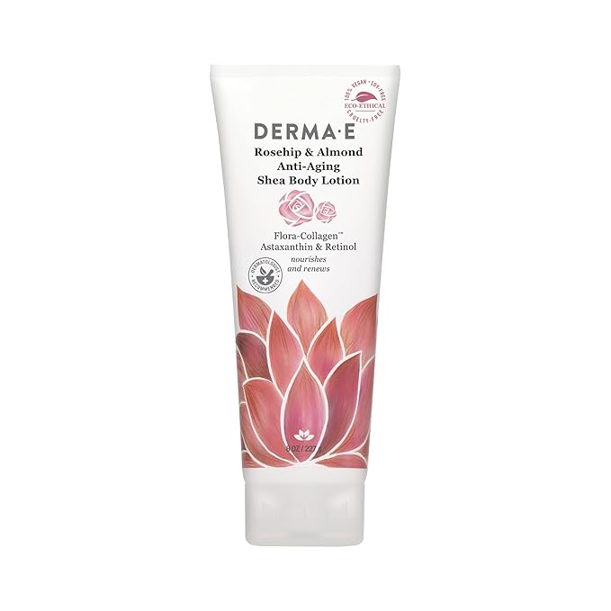 Derma E Rosehip and Almond Anti-Aging Shea Body Lotion – Vegan Flora-Collagen, Retinol and Vitamin E Moisturizer for Dry Skin – Gently Scented Cruelty Free Moisturizing Cream, 8 oz