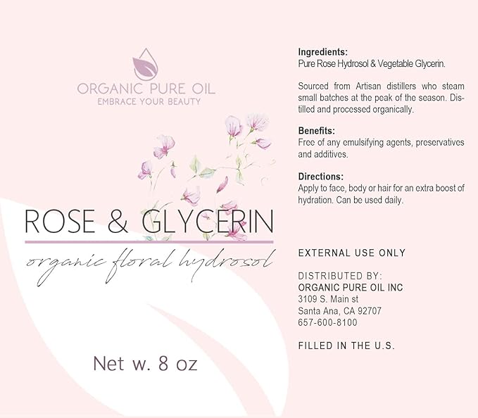 Rosewater Glycerin Mist Toner Bulk Spray Facial Body Floral Cleanser Pure Rose Hydrosol and Vegetable Glycerine Moisturizing Cleansing Toning Mix for Face Skin Hair Body (8 Ounces)