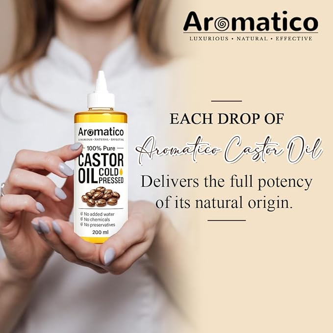 Aromatico 100% Pure Cold Pressed Castor Oil for Hair, Eyelashes & Eyebrows – Natural Carrier Oil for Scalp, Beard & Skin Care – Thick Conditioning Oil for Dry Scalp, DIY Beauty & Bulk Use – 7 fl oz