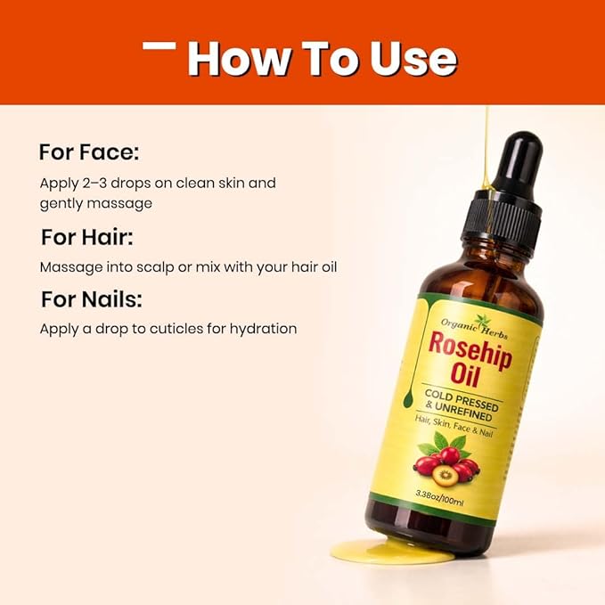100% Pure Rosehip Seed Oil Cold Pressed and Unrefined Moisturizer Oil for Face, Hair, Skin & Nails | 3.8Oz/100ml