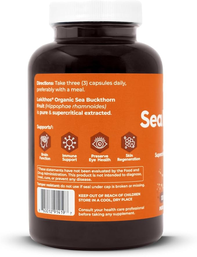 Organic Sea Buckthorn Capsules | Organic Omega 6-7-9 Complex | 1125mg Per Serving | Supports Skin Barrier and Inflammatory Response | USDA Organic, Vegan, Non-GMO, Gluten-Free | 120 Capsules