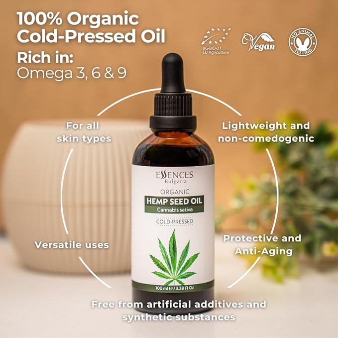 Essences Bulgaria Organic Hemp Seed Oil 3.4 Fl Oz | 100ml | 100% Natural Cold-Pressed Oil | Therapeutic Quality | Family Owned Farm | Massage Base Oil | Natural Moisturizer | Ideal Carrier Oil
